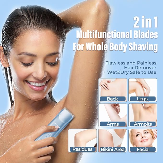 Bikini Trimmer for Women - 2 in 1 Electric Razors for Women - Dual Head Electric Shaver - IPX7 Waterproof Wet &amp Dry Use Body Hair Trimmer and Facial Hair Remover for Bikini Underarm Leg Arm