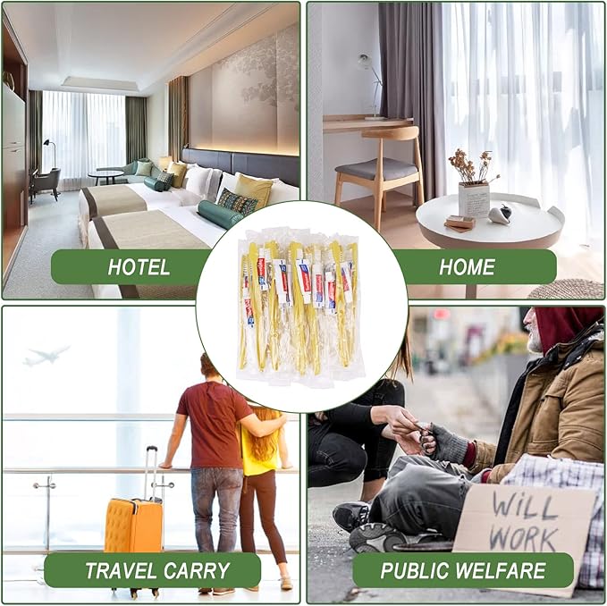 Disposable Toothbrushes with Toothpaste100 Pack Yellow Hollow Individually Wrapped Disposable Travel Toothbrushes Kit in Bulk for HomelessNursing HomeHotelCharity