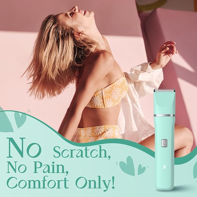 Pubic Hair Trimmer Women for Bikini Area &amp Body - Electric Razor Shaver with Ceramic Blade Detachable Head Waterproof IPX7 Battery Indicator Fast Charging Wet/Dry Groomer Set - Green
