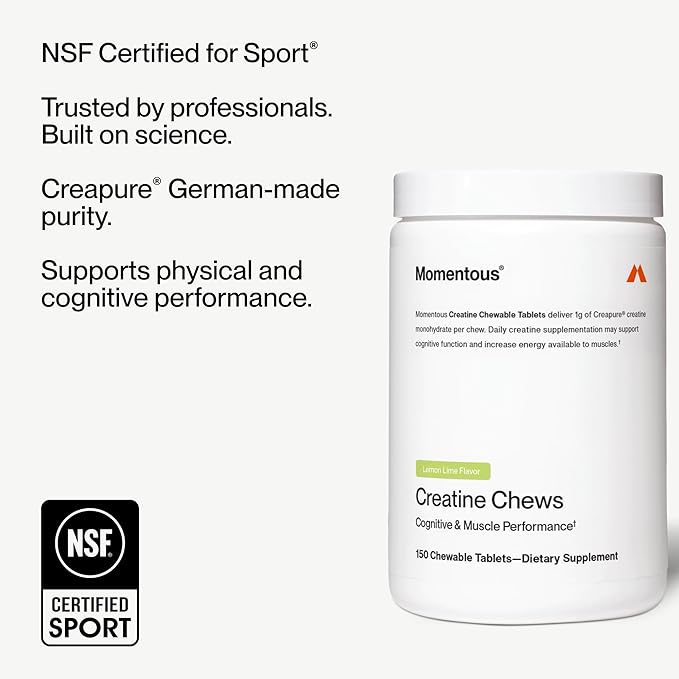 Momentous Creatine Chews - Creapure Creatine Monohydrate - Supports Strength Lean Muscle &amp Recovery for Men &amp Women - NSF Certified for Sport - 150 Chewable Tablets - Lemon Lime