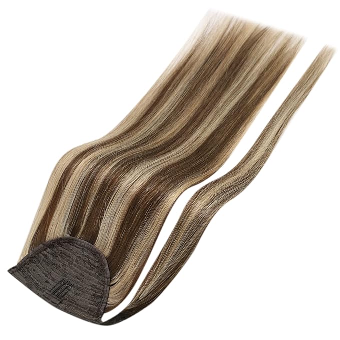 Full Shine Ponytail Extension Human Hair Dark Brown Ombre Honey Blonde Ponytail Clip in Hair Extensions Long Straight Pony Tail Hair Pieces For Women 20Inch 80g