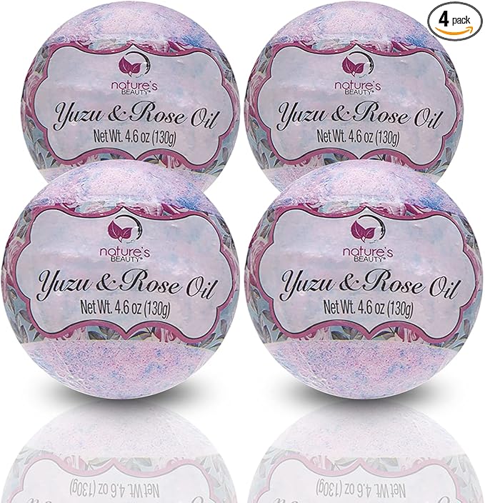 Nature's Beauty Yuzu &amp Rose Oil Bath Bomb Multi-Pack - Natural Hand Crafted Non-Staining Luxury Fizzy Spa Bomb Nourish Dull + Dry Skin Made w/Coconut Oil + Witch Hazel 4.6 oz (4 Pack)