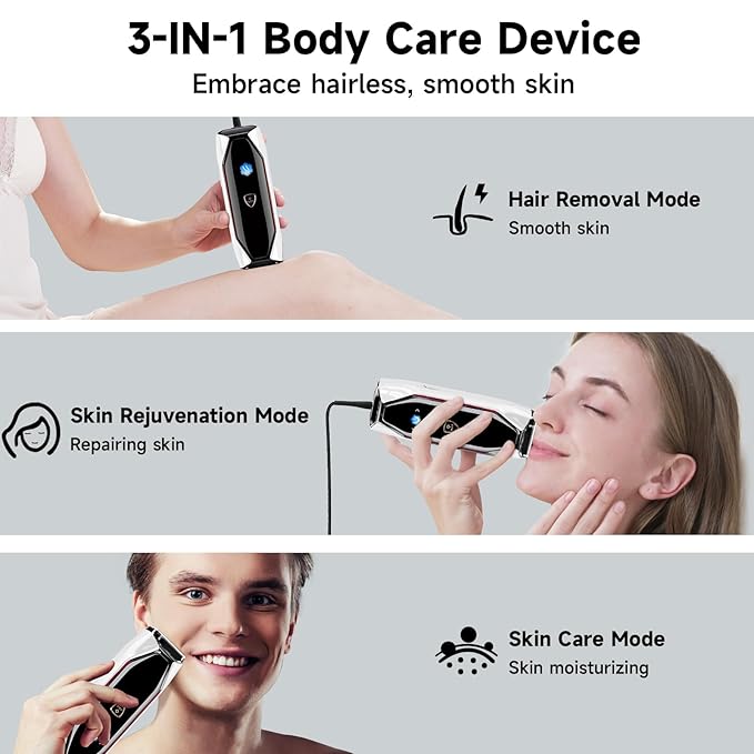 JOVS Laser Hair Removal 37°F Painless Hair Removal Device with Sapphire Ice-Cooling 3 in 1 Hair Removal &amp Skin Rejuvenation for Women and Men 8 Modes Skin Care for Whole Body Touch Screen Whi