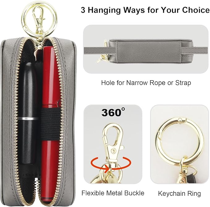 Bocasal Leather Lipstick Case Holder Chapstick Keychain Pouch Zipper Lip Balm Lip Gloss Bag for Purse with Key Chain Elastic Band Makeup Travel Organizer Cosmetic Storage Kit for Women Girls (Grey)