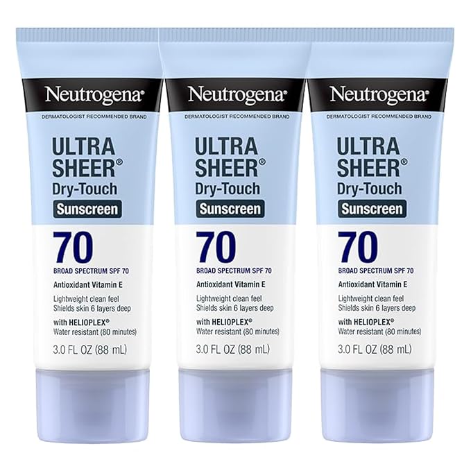 Neutrogena Ultra Sheer Dry-Touch Sunscreen For Face &amp Body SPF 70 Broad Spectrum UVA/UVB Protection Lightweight Water Resistant &amp Non-Greasy Travel Size Sunscreen 3 fl. oz (Pack of 3)