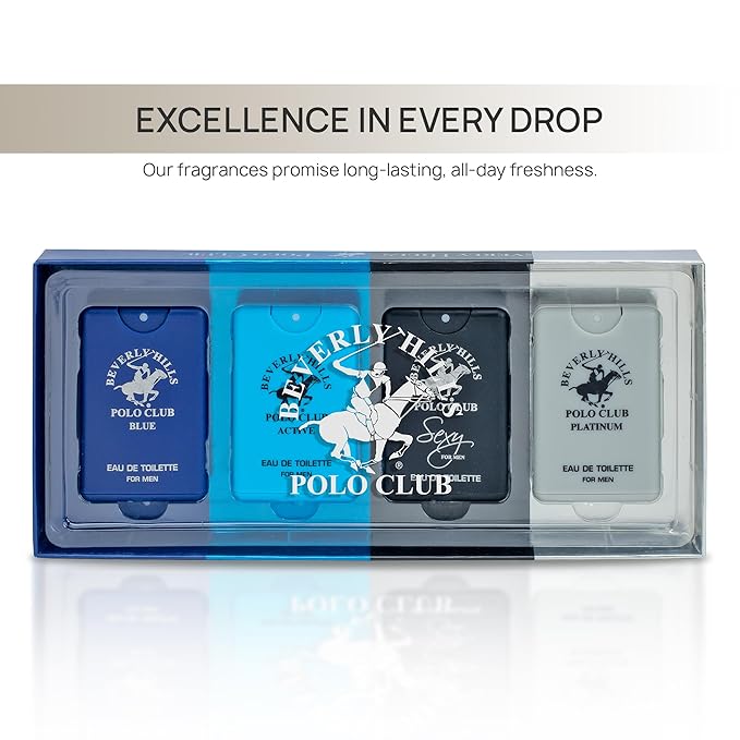 Beverly Hills Polo Club Men's 4-Piece Pocket Spray Set - active Sexy Platinum Blue EDT Collection