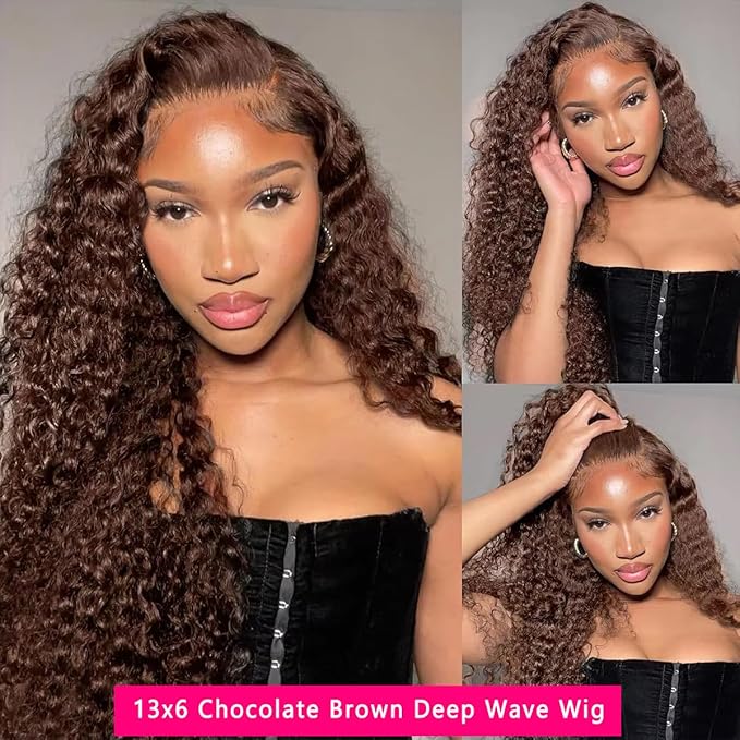 GOLFMAX 32 Inch Chocolate Brown Lace Front Wig Human Hair 200 Density 13x6 HD Deep Wave Lace Front Wigs Human Hair Colored Deep Curly Lace Frontal Wigs Glueless Wig Brown Wig Wigs for Women