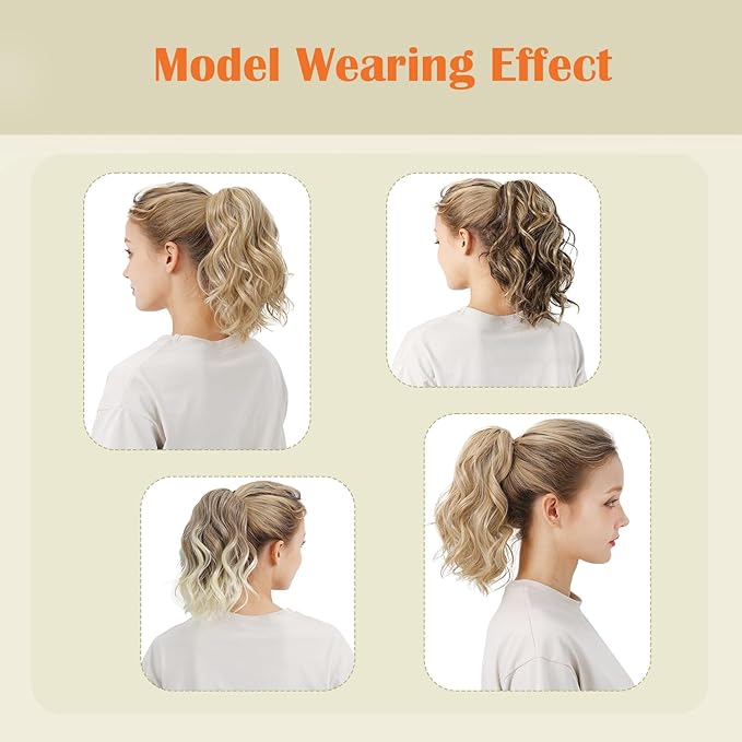 Claw Clip Ponytail Hair Extension / 10 Inch Synthetic Short Wavy Curly Fake Ponytails/Clip In On Pony Tail Hairpieces For Women (Brownish Blonde)