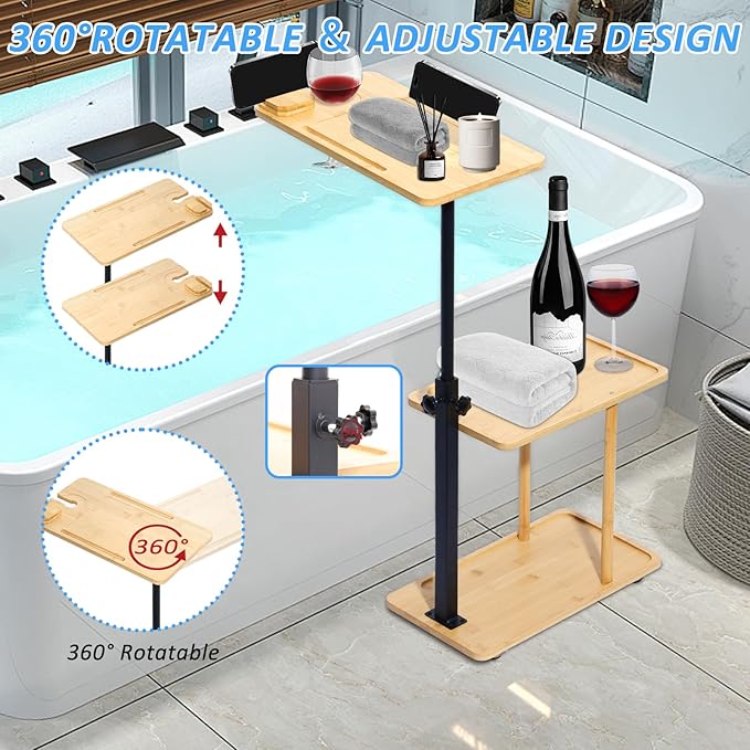 3 Layer Bath Tub Tray Table Liftable Freestanding Bamboo Bath Tray Caddy for Tub Against Wall Shelf Bathroom Organizer Shelf for Luxury Spa