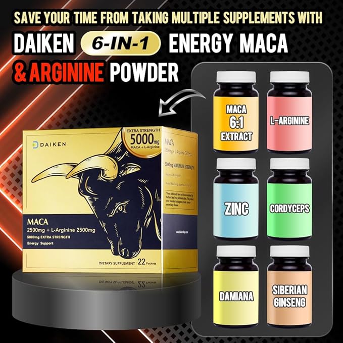 DAIKEN Peruvian Maca Root Powder Extra Strength 15000 mg Gelatinized Black Red Yellow Maca Blend with L-Arginine (2500 mg) for Men and Women Superior Absorption Vegan Lab Tested - 22 Packets