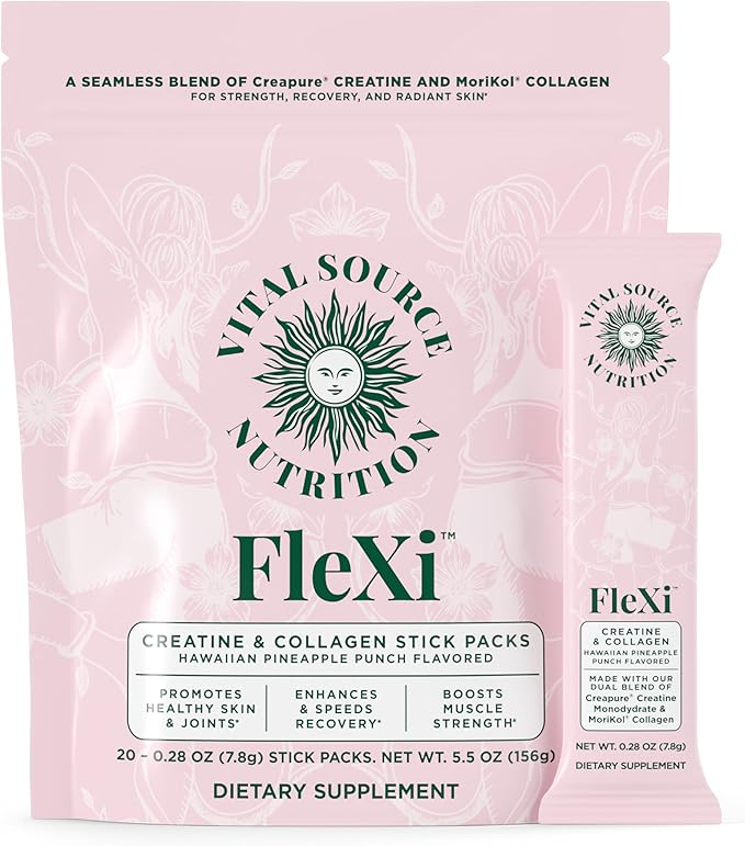 Vital Source Nutrition - FleXi - Creatine &amp Collagen Stick Packs - 5g Creapure Creatine Monohydrate + 1g MoriKol Collagen -Supports Strength Recovery &amp Skin Health -20 Servings