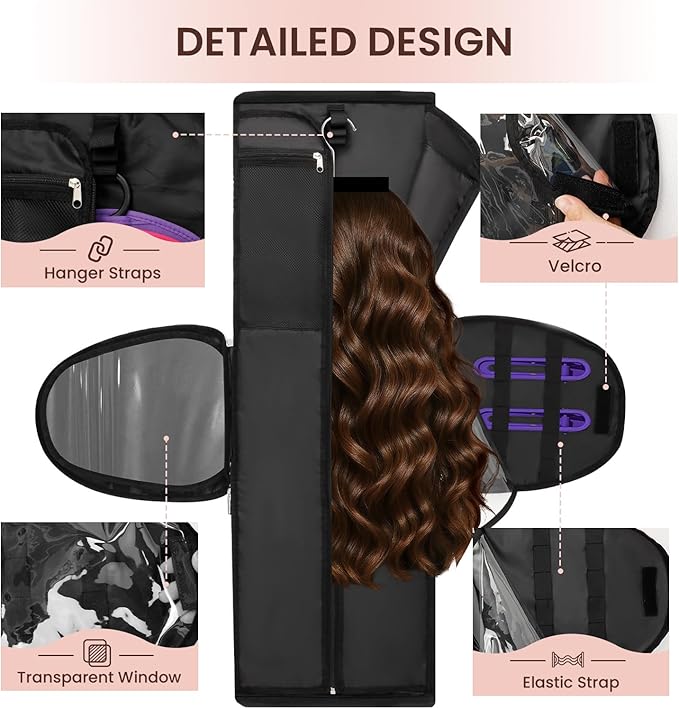 Wig Storage Bag Holds 3 Wigs Hair Tools Travel Bag Full-Open Breathable Organizer Case for Clips Hair Dryer Flat Curling Iron BrushesCosmetic Toiletry Tote Christmas Gift for Women Stylist