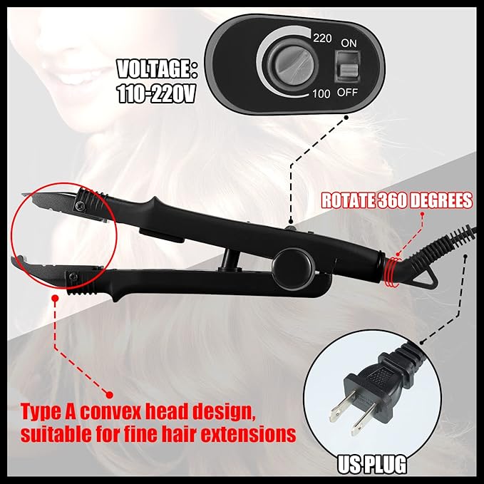 Hair Extensions Iron Fusion Keratin Hair Extensions Heat Tool Heat Connector Wand with Fusion Glue Protector Template Hair Clip Finger Protector 2 Bag Keratin Glue Granule Bead(Black)