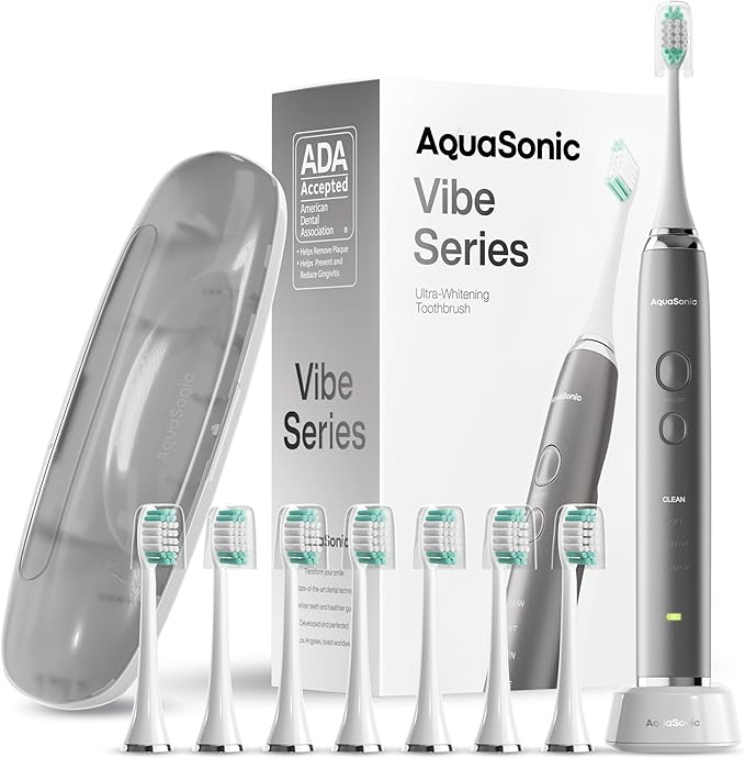 Aquasonic Vibe Series Ultra-Whitening Toothbrush ? ADA Accepted Electric Toothbrush - 8 Brush Heads &amp Travel Case ? 40000 VPM Motor &amp Wireless Charging - 4 Modes w Smart Timer ? Charcoal Meta