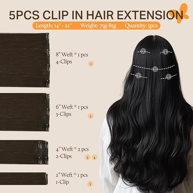 DOORES Human Hair Extensions Clip in 5pcs 85g Dark Brown 22 Inch Clip in Hair Extensions Natural Remy Hair Extensions
