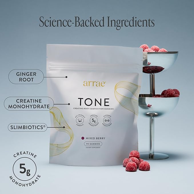 Arrae Tone Gummies ? Creatine Monohydrate 5g for Women ? Support Lean Muscle Strength &amp Recovery ? Hormone-Friendly Muscle Toning Supplement ? Mixed Berry Flavor ? 90 Count
