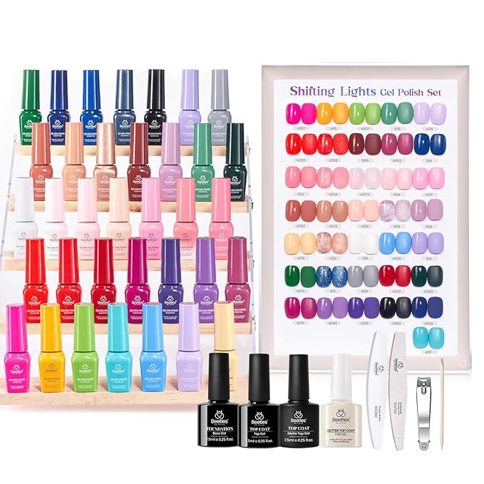beetles Gel Polish Shifting Lights - Fall Gel Nail Polish Set Brown Burgundy Red Black White Green Purple Glitter 36 Colors with Base Coat Glossy Matte Glitter Top Coat UV LED Soak Off Gift for Women