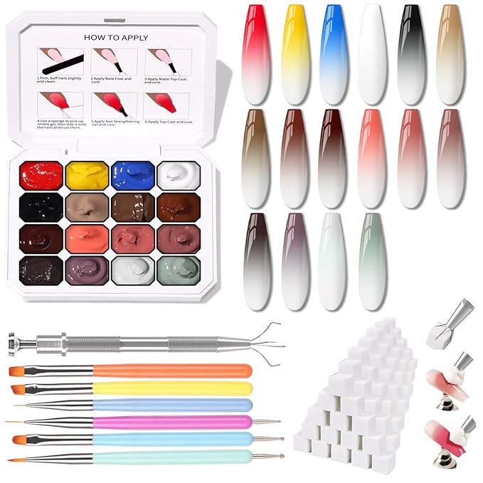 Sponge Pat Paint Nail Gel Ombre Nails Gradient Gel Nail Blush Blooming Aura Nails Drawing Stripper Floral Painting DIY Nail Art No Wipe UV/LED Curing (16 Colors J)