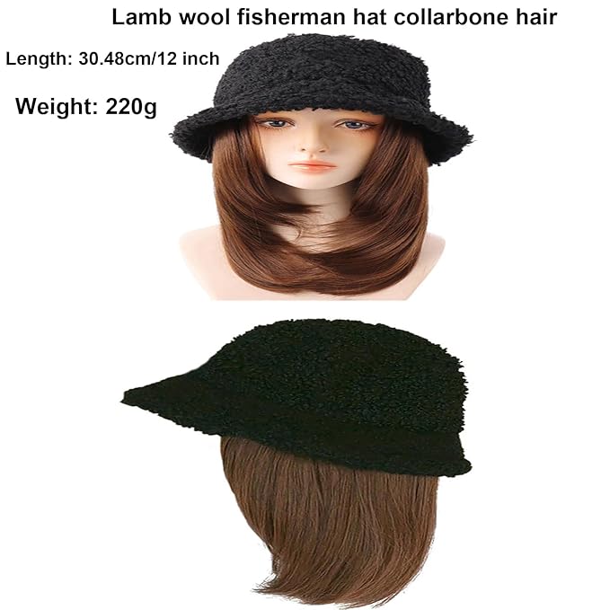 Women's Winter Lambs Wool Bucket Hat with Fisherman's Cap Sun Visor and Straight Hair Wig