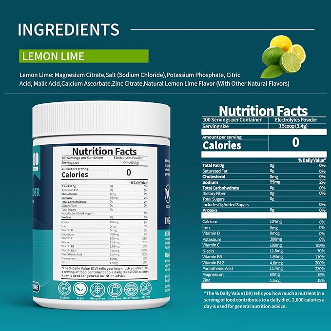 100 Servings Electrolytes Powder Sugar Free Hydration Powder Electrolyte Powder No Sugar Lemon Lime Flavor Electrolytes Drink Mix Supplement for Rapid Hydration Low Sodium 0 Calorie