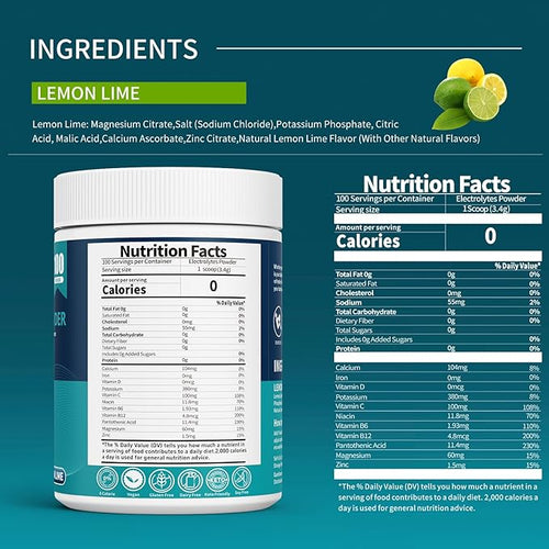 100 Servings Electrolytes Powder Sugar Free Hydration Powder Electrolyte Powder No Sugar Lemon Lime Flavor Electrolytes Drink Mix Supplement for Rapid Hydration Low Sodium 0 Calorie