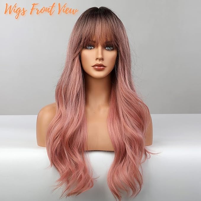 Honygebia Pink Wigs with Bangs - Long Ombre Pink Wigs for Women Light Wavy Heat Resistant Hair Pink Synthetic Dark Root Natural Looking - Best Wig for Halloween/Christmas/Cosplay/Party