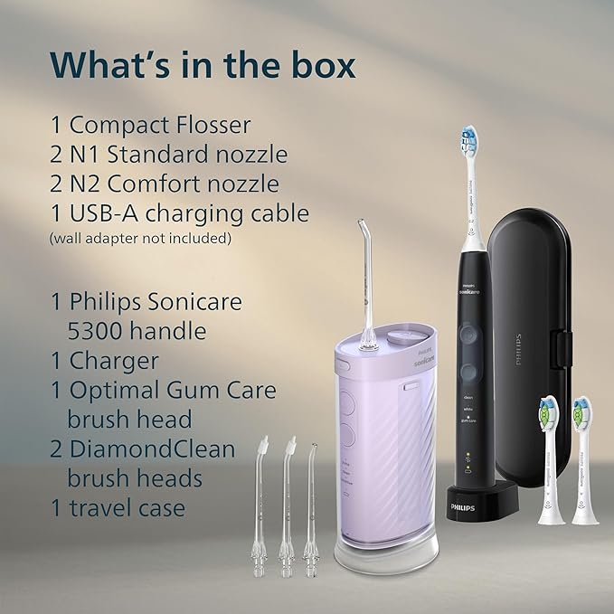 Philips Sonicare Compact Flosser 1000 Purple ProtectiveClean 5300 Rechargeable Electric Toothbrush and 2PK Compact Nozzle Bundle