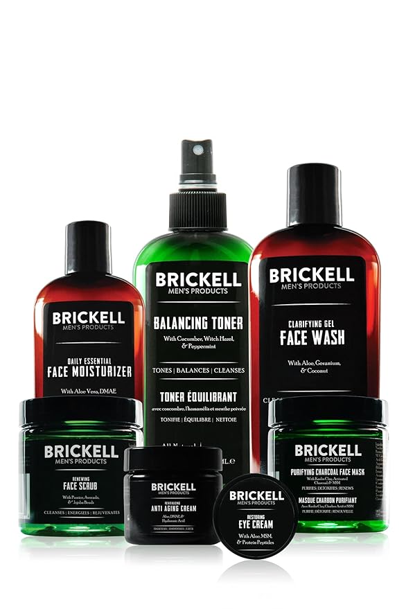 Brickell Men's Daily Elite Face Care Routine I Toner Gel Facial Wash Face Scrub Anti-Aging Night Cream Eye Cream Charcoal Mask and Moisturizer Natural and Organic Scented