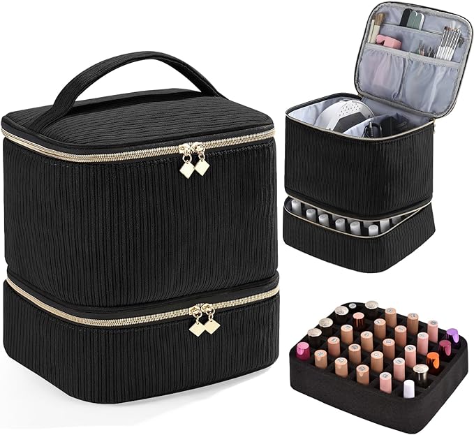 Corduroy Nail Polish Organizer and Nail Lamp Case Nail Kit Organizer Holds 30 Bottles (15ml - 0.5 fl.oz) and a Nail Lamp Nail Polish Carrying Case with Manicure Tools Storage Sections (Black)
