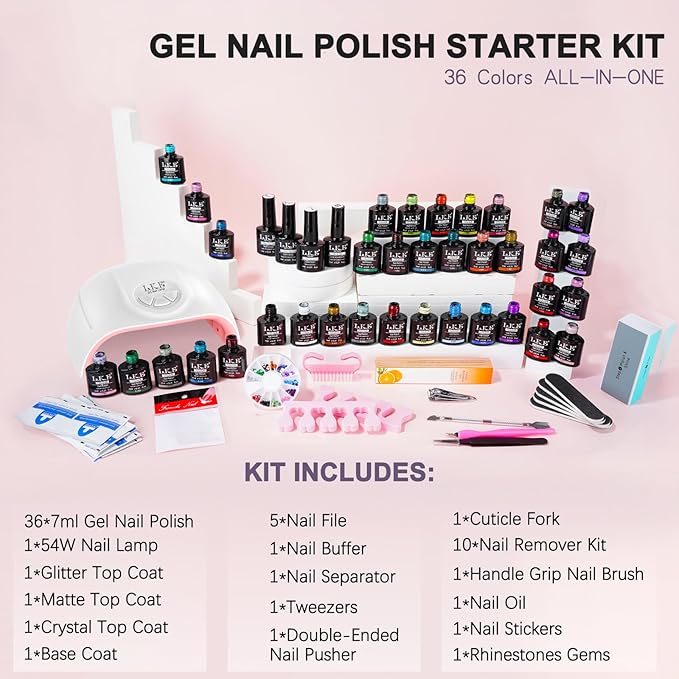 LKEE Gel Nail Polish Kit with U V Light 108W 65 Pcs Gel Nail Polish Set All Season Gels Nail Kit Essential Manicure Tools for DIY Nails Art Gifts for Women (D3-36SET-SKU1-012001)