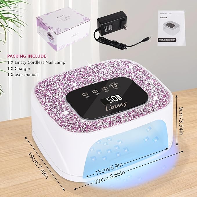 Rechargeable UV/LED Nail Lamp with Auto Sensor Portable Cordless Gel Nail Dryer Light 4 Timings &amp Diamond LCD Screen UV Light for Gel Nails at Home Salon