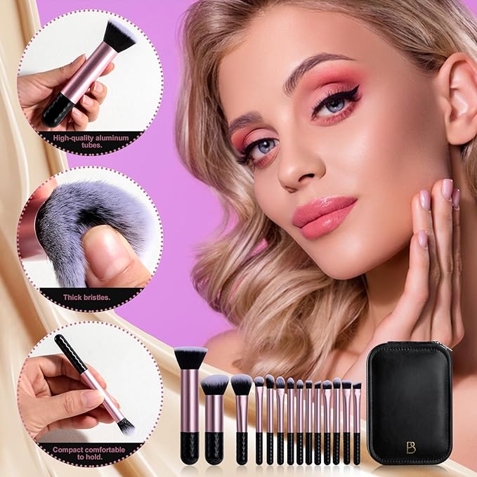 BS-MALL Makeup Brushes Set 14 Pcs with LED Light Mirror ? Premium Cosmetic Tools for Flawless Beauty Routines (Black)