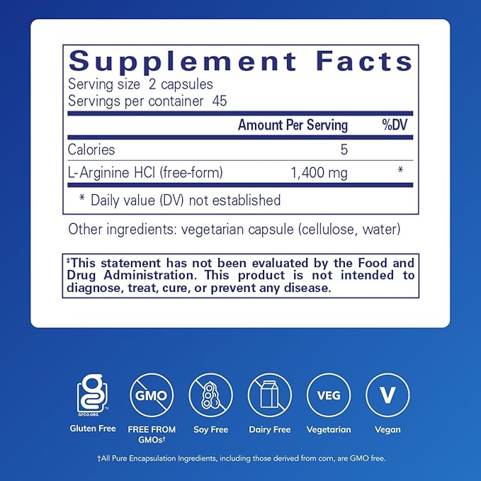 Pure Encapsulations L-Arginine - 1400 mg - Support Nitric Oxide Production - Heart Health &amp Blood Flow - Gluten Free &amp Non-GMO - 90 Capsules