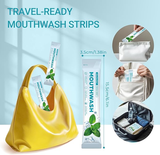 Travel-Size Alcohol &amp Fluoride Free Mint Mouthwash Packets 60 Individually Wrapped Portable Packs for Adults Fresh Breath Mint Flavored Mouthwash for Oral Hygiene 0.63 Fl Oz Each