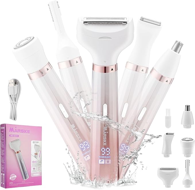 Electric Razors for Women 5 in 1 Bikini Trimmer for Women Wet/Dry Electric Shaver Painless Womens Razor Shavers Facial Hair Removal for Face Nose Eyebrow Arms Armpit Legs Pubic Area