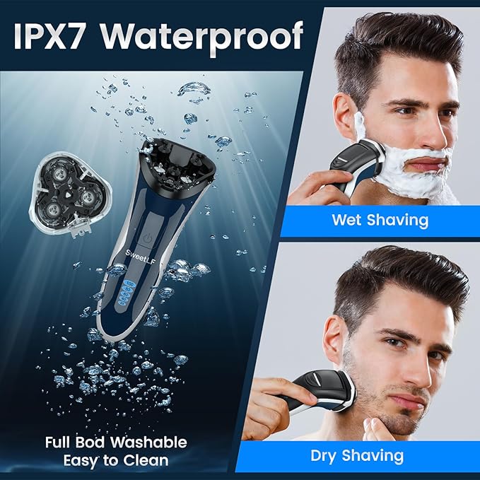 Electric Razor for Men Electric Shaver for Men Waterproof/Rechargeable/LED Display Men?™s Shavers Wet &amp Dry Rotary Shavers Gift for Dad Husband Boyfriend (Navy Blue)