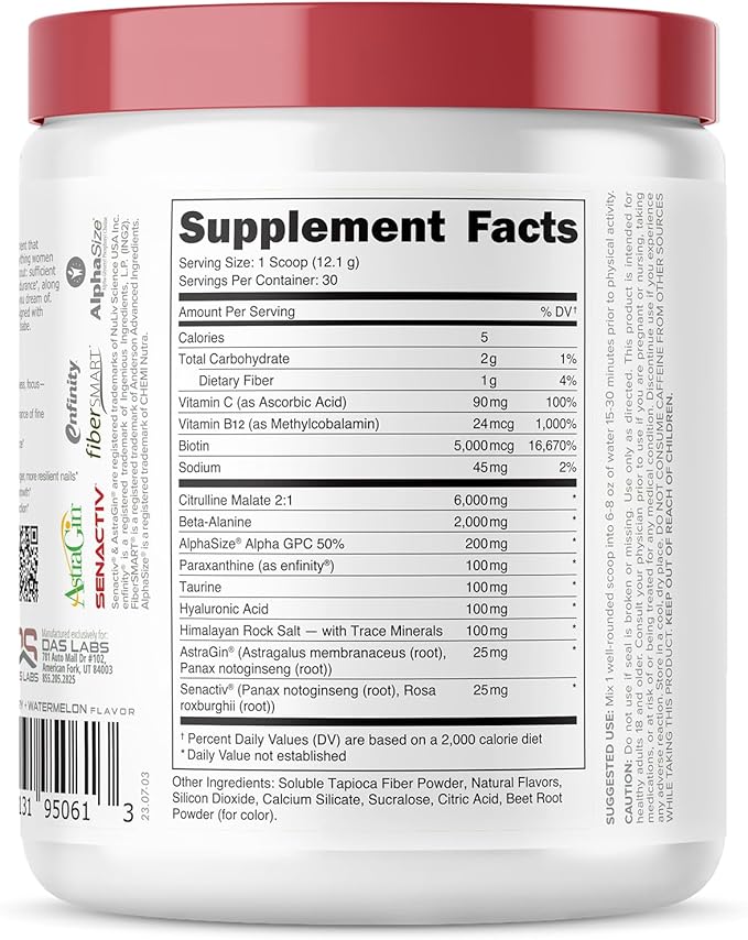 Babe Pre Workout powder for Women | Watermelon Splash | 6g Citrulline 2g Beta-Alanine 100mg Hyaluronic Acid 5mg Biotin and 5 other registered trademarked ingredients | 30 servings | 12.8 OZ