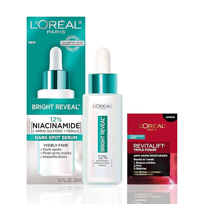 L?™Or?al Paris Bright Reveal 12% [Niacinamide + Amino Sulfonic + Ferulic] Dark Spot Serum 1oz + Moisturizer Sample