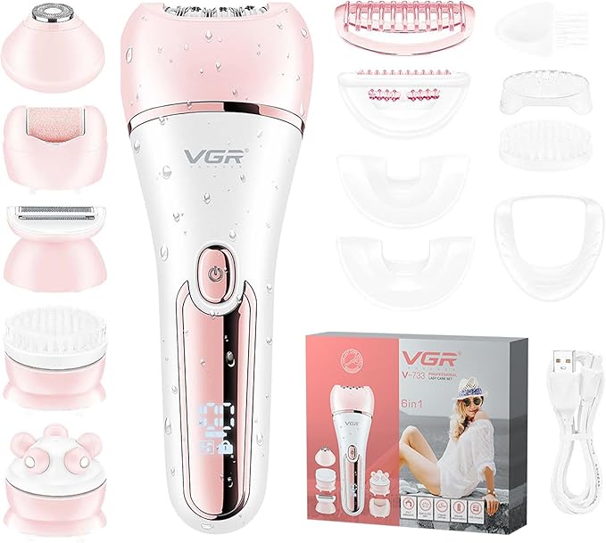 VGR 733 Epilator Hair Removal for Women 6-in-1 Cordless &amp Rechargeable Lady Electric Shaver IPX7 Waterproof Hair Removal Device Wet and Dry Bikini Trimmer for Face Leg Armpit Pink