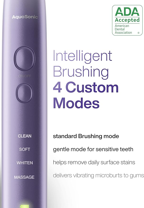 Aquasonic Vibe Series Ultra-Whitening Toothbrush ? ADA Accepted Electric Toothbrush - 8 Brush Heads &amp Travel Case ? 40000 VPM Motor &amp Wireless Charging - 4 Modes w Smart Timer ? Satin Violet