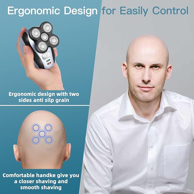 5 IN 1 Head Shaver for Men Electric Razor for Bald Men Cordless Rechargeable Waterproof Black 7 Blades Rotary Foil Head 30 Day Battery Life