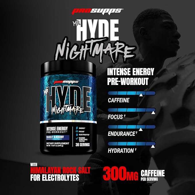 PROSUPPS Mr. Hyde Nightmare Pre Workout Powder with Caffeine &amp Beta Alanine - Preworkout for Intense Energy Mental Focus &amp Performance - Gym &amp Fitness Supplements (Black N' Blueberry 30