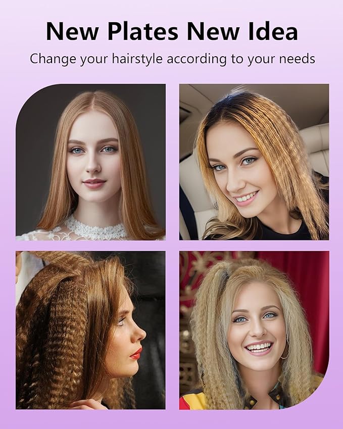 DSHOW 4 in 1 Hair Crimper Hair Waver Hair Straightener Curling Iron with 4 Interchangeable Titanium Ceramic Flat Crimping Irons Plates (Purple) (Blush)