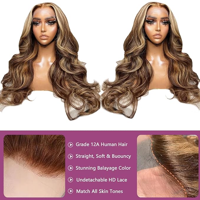 Ombre Brown Balayage Honey Blonde Highlight Wigs Human Hair Glueless Lace Front Wigs Human Hair Body Wave 13x6 Lace Front Wigs Pre Plucked Human Hair 20 Inch Brown Balayage Blonde Highlights Wig