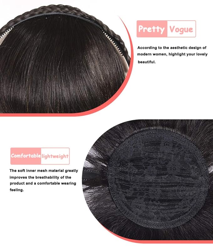 10 Womens Human Hair Braided Headband - Natural Looking Hairband Braids - Human Hair Topper Clip In Topper - Wiglets With Bangs - Twist Braid - Natural Black