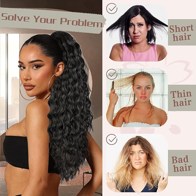 AISI BEAUTY Ponytail Extension for Black Women Drawstring Ponytail Natural Black Long Curly Wavy Ponytail 24 Inch Synthetic Clip in Ponytails Hair Extensions for Daily Use(T1B/30)
