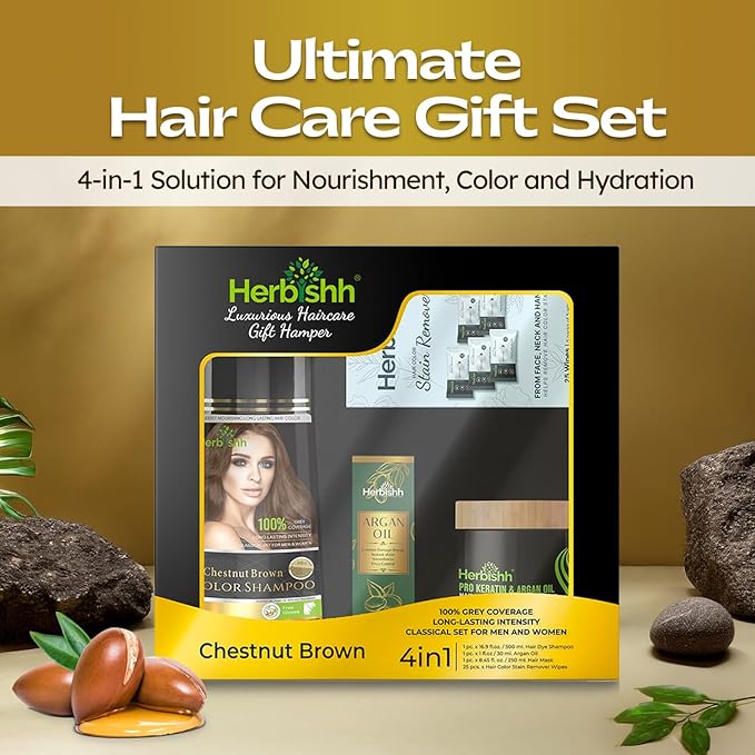 Herbishh Hair Color Shampoo for Gray Hair ? Natural Hair Dye Shampoo ? Lasts Up To 3-4 Weeks ? 500ML ? 3-In-1 Hair Color ? Colors Cleanses and Conditions (Chestnut Brown Giftset)