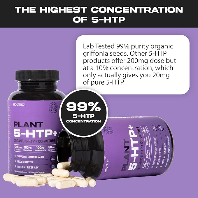 Nootrix Organic Plant 5 HTP+ Supplement | Supports Memory Mental Focus Cognitive Health &amp Energy | Promotes Healthy Mood &amp Brain Function | Vitamin B6 &amp L Theanine | 240 Capsules