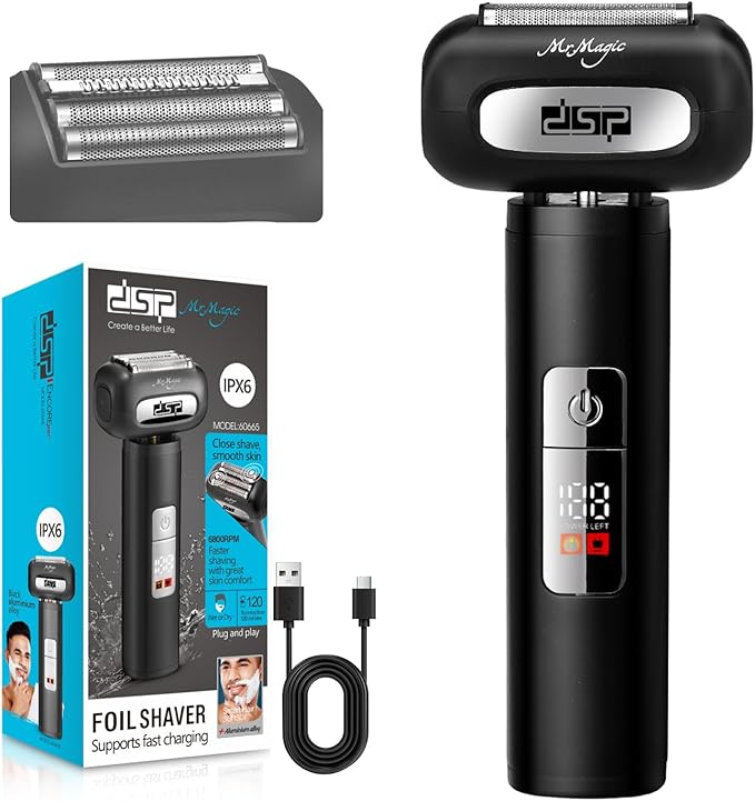 DSP Electric Shavers for Men IPX6 Waterproof Type-C Rechargeable Shaver 4-Blade Cutting System Electric Foil Shaver Travel Lock (Black)
