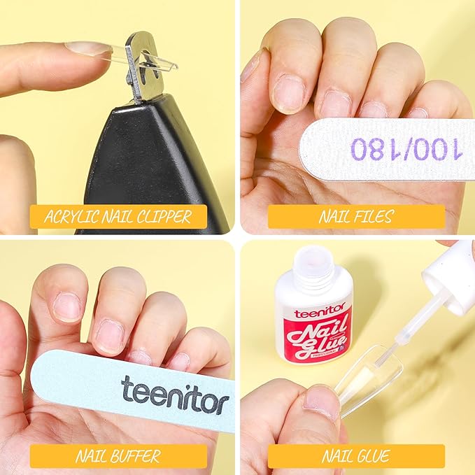Teenitor Press On Nail Kit - Clear Coffin Nail Tips Art Brushes Dotting Pen Glitter Stickers &amp Rhinestones